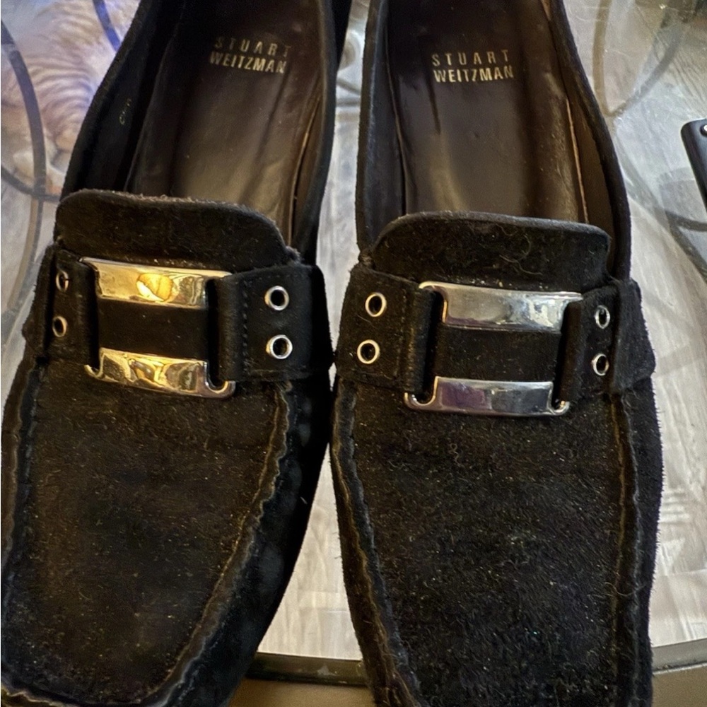Stuart Weitzman Black Suede Square Toe Block Heel Loafers W/Silver Detail, Sz 7
